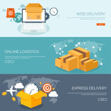 Düz vektör çizim arka planlar ayarlayın. Uluslararası teslimat, dünya çapında posta. E-posta, online alışveriş. Zarf, paket.