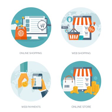 Vektör çizim. Düz başlık. Alışveriş. Web mağaza. Küresel iletişim, ticaret. E-iş. Ticaret, para yapma. Internet Bankacılığı.