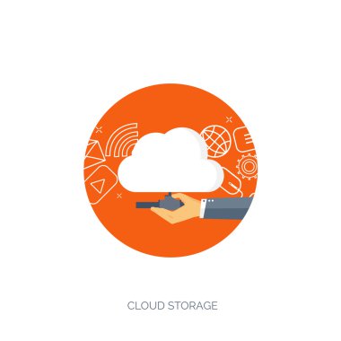 Vector illustration. Flat cloud computing background. Data storage network technology. Multimedia content, web sites hosting. Memory, information transfer.