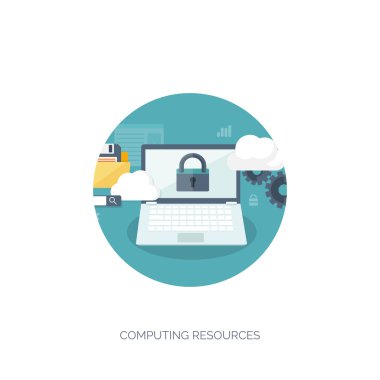 Vector illustration. Flat cloud computing background. Data storage network technology. Multimedia content, web sites hosting. Memory, information transfer.