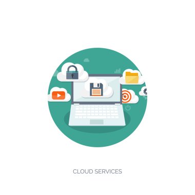 Vector illustration. Flat cloud computing background. Data storage network technology. Multimedia content, web sites hosting. Memory, information transfer.