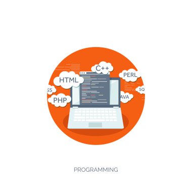 Vektör çizim. Düz arka plan. Kodlama, programlama. SEO. Arama Motoru Optimizasyonu. Uygulama geliştirme, oluşturma. Yazılım, program kodu. Web Tasarım.