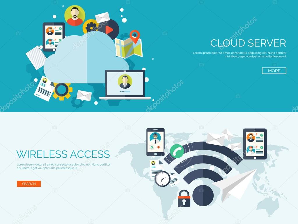 Vector illustration. Flat cloud computing background. Data storage network technology. Multimedia content, web sites hosting. Memory, information transfer.