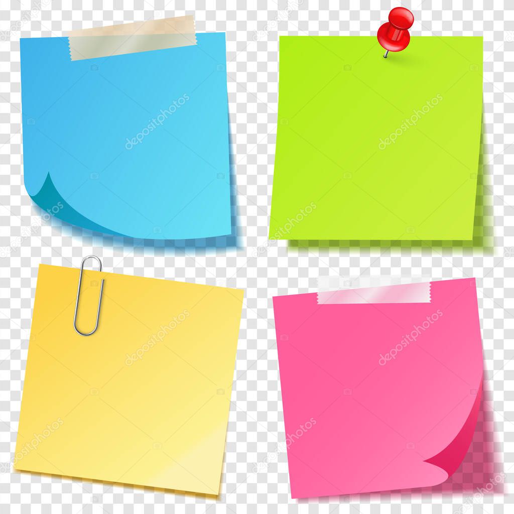 Realistic colorful blank sticky notes with clip binder. Colored sheets of note papers. Paper reminder. Vector illustration.