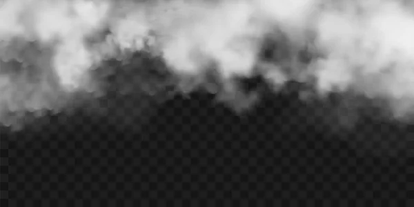 Ρεαλιστική ομίχλη, εφέ ομίχλης. Καπνός σε σκούρο φόντο. Διανυσματικός ατμός στον αέρα, ροή ατμού. Σύννεφα. — Διανυσματικό Αρχείο