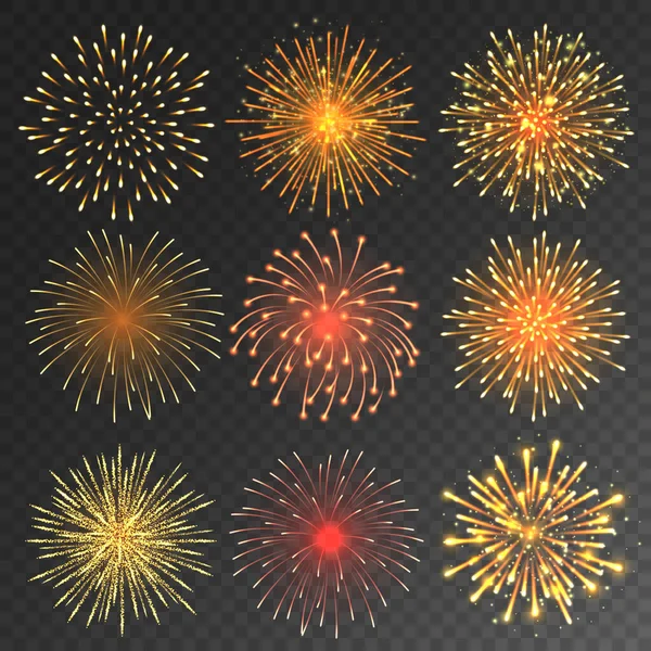 Collection de feux d'artifice festifs. Feu d'artifice coloré réaliste sur fond transparent. Éléments de carte de voeux de Noël ou Nouvel An. Illustration vectorielle. — Image vectorielle