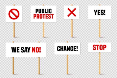Tahta tutacağında slogan olan protesto tabelaları. Gerçekçi vektör gösterim pankartı. Eylem karton pano modellemesini sil.