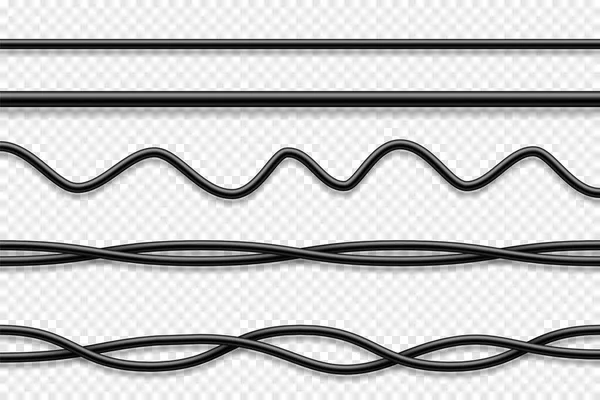 Colección de cables flexibles. Cable eléctrico negro. Potencia realista o cable de red. Ilustración vectorial. — Vector de stock