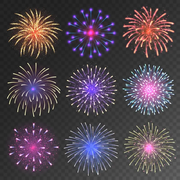 Ünnepi tűzijáték gyűjtemény. Realisztikus színes tűzijáték átlátszó háttérrel. Karácsonyi vagy újévi üdvözlőkártya elem. Vektorillusztráció. — Stock Vector