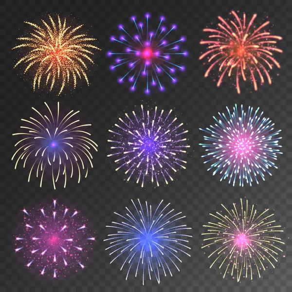 Collection de feux d'artifice festifs. Feu d'artifice coloré réaliste sur fond transparent. Éléments de carte de voeux de Noël ou Nouvel An. Illustration vectorielle. — Image vectorielle