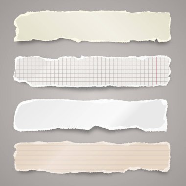 Yırtılmış renkli kağıt şeritler. Yırtık kenarlı gerçekçi kağıt kırıntıları. Defter sayfalarının parçalarını dizdim. Vektör illüstrasyonu.