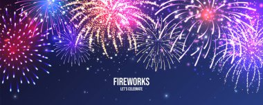 Havai fişekler. Gerçekçi renkli havai fişekler. Noel ya da yeni yıl tebrik kartı. Diwali Işık Festivali. Vektör illüstrasyonu.