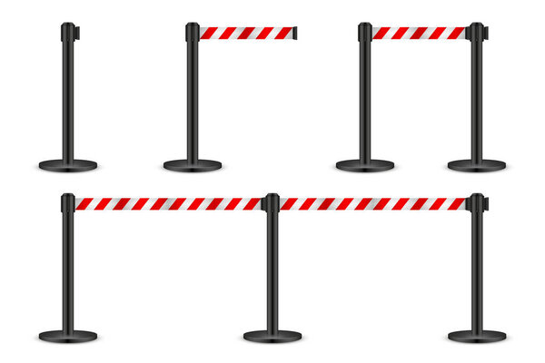 Realistic vector retractable belt stanchion. Crowd control barrier posts with caution strap. Queue lines. Restriction border and danger tape.