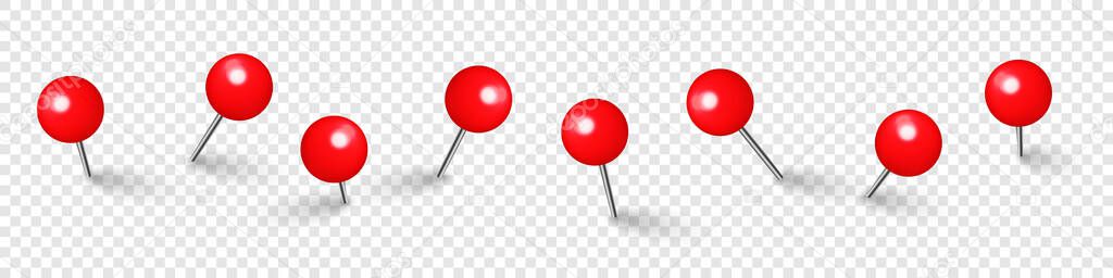 Realistic red push pins. Board tacks isolated on transparent background. Plastic pushpin with needle. Vector illustration.