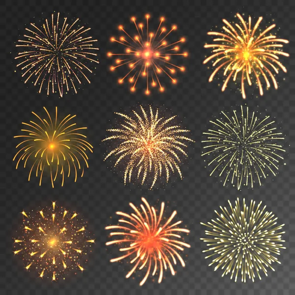 Colección de fuegos artificiales festivos. Fuegos artificiales coloridos realistas sobre fondo transparente. Navidad o Año Nuevo tarjeta de felicitación elemento. Ilustración vectorial. — Vector de stock