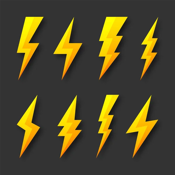 Yellow lightning bolt icons collection. Flash symbol, thunderbolt. Simple lightning strike sign. Vector illustration. — Stock Vector