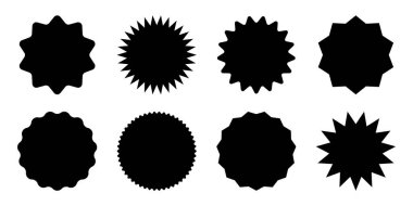 Siyah alışveriş etiketleri koleksiyonu. İndirim ya da indirim etiketi. Özel fiyat etiketi. Süpermarket tanıtım rozeti. Vektör güneş patlaması simgesi.