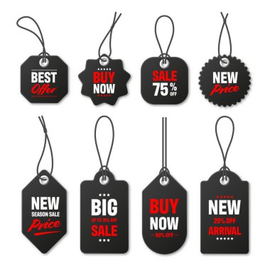Gerçekçi siyah fiyat etiketleri koleksiyonu. Özel teklif ya da indirim etiketi. Satış kağıdı çıkartması. Promosyon satış rozeti. Vektör illüstrasyonu.