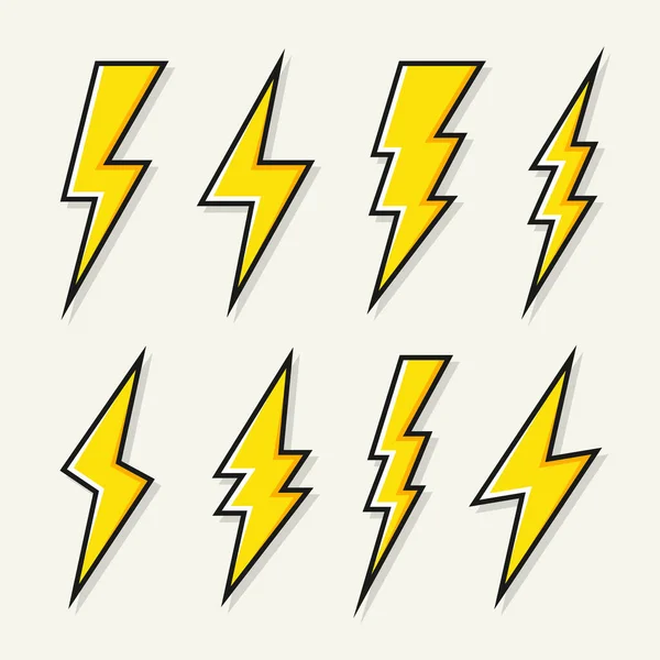 Yellow lightning bolt icons collection. Flash symbol, thunderbolt. Simple lightning strike sign. Vector illustration. — Stock Vector