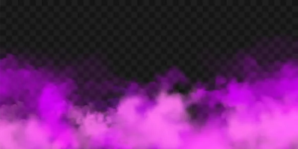 Nuvens de fumaça coloridas roxas realistas, efeito névoa. Nevoeiro isolado em fundo transparente. Vapor no ar, fluxo de vapor. Ilustração vetorial. —  Vetores de Stock