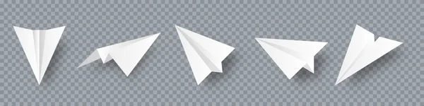 Realistische handgeschöpfte Papierflieger-Kollektion auf transparentem Hintergrund. Origami-Flugzeuge im flachen Stil. Vektorillustration. — Stockvektor