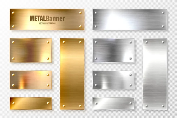 Gerçekçi parlak metal pankartlar. Fırçalanmış çelik ve bakır plaka. Parlatılmış gümüş metal yüzey. Vektör illüstrasyonu. — Stok Vektör