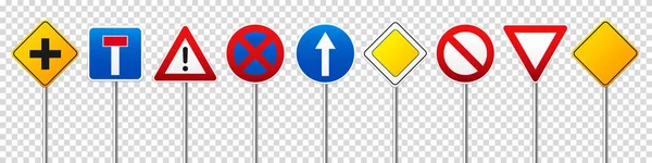 Carretera señales regulatorias establecidas. Control de tráfico y uso del carril. Detente y cede. Ilustración vectorial. — Archivo Imágenes Vectoriales