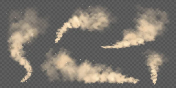 Realistické mraky prachu. Silniční písečná bouře. Znečištěný špinavý hnědý vzduch s částicemi špíny, smog. Znečištění ovzduší, životního prostředí. Prvek návrhu vektoru. — Stockový vektor
