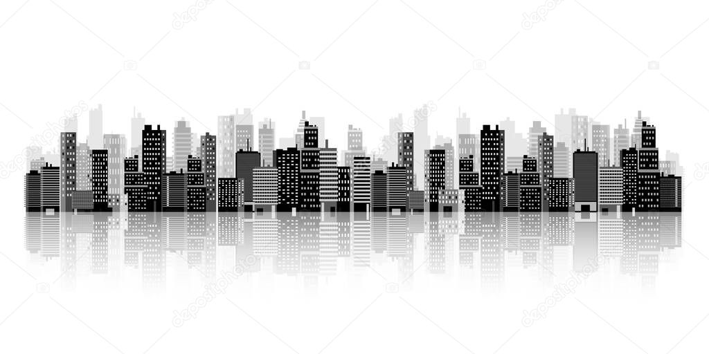 Set of city silhouettes. Cityscape. Town skyline. Panorama. Midtown houses skyscrapers. Vector illustration.