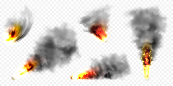 Realistic black smoke clouds and fire. Flame blast, explosion. Stream of smoke from burning objects. Forest fires. Transparent fog effect. Vector design element. — Stock Vector