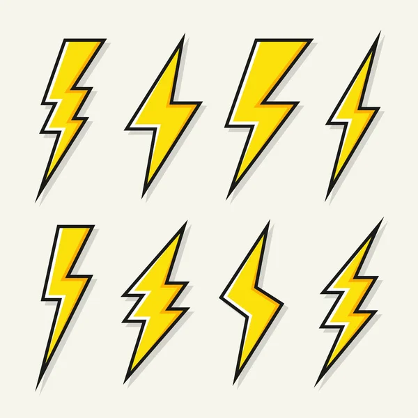 黄色い稲妻のアイコンコレクション。フラッシュシンボル、雷。簡単な落雷標識。ベクターイラスト. — ストックベクタ
