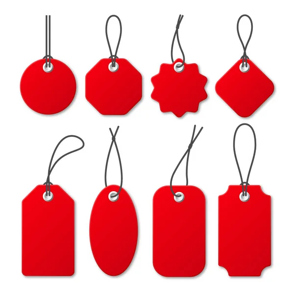 Collection réaliste d'étiquettes de prix rouges. Offre spéciale ou étiquette rabais shopping. Autocollant papier au détail. Badge de vente promotionnelle. Illustration vectorielle. — Image vectorielle