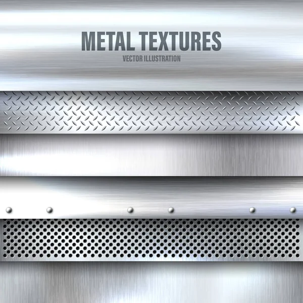 Set di texture realistiche in metallo spazzolato. Fondo in acciaio inox lucido. Illustrazione vettoriale. — Vettoriale Stock