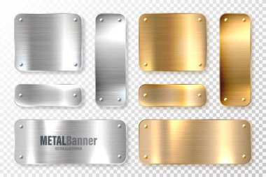 Gerçekçi parlak metal pankartlar. Fırçalanmış çelik ve bakır plaka. Parlatılmış gümüş metal yüzey. Vektör illüstrasyonu.