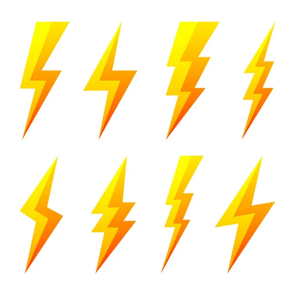 Gele bliksemschicht pictogrammen geïsoleerd op witte achtergrond. Flashsymbool, bliksemschicht. Simpel bliksembord. Vectorillustratie. — Stockvector
