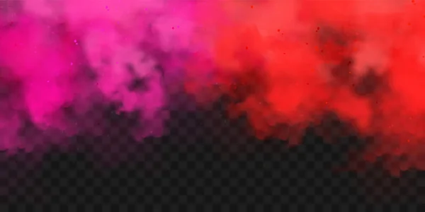 Realistas nubes de humo de color rojo y rosa, efecto niebla. Niebla aislada sobre fondo transparente. Vapor en el aire, flujo de vapor. Ilustración vectorial. — Vector de stock