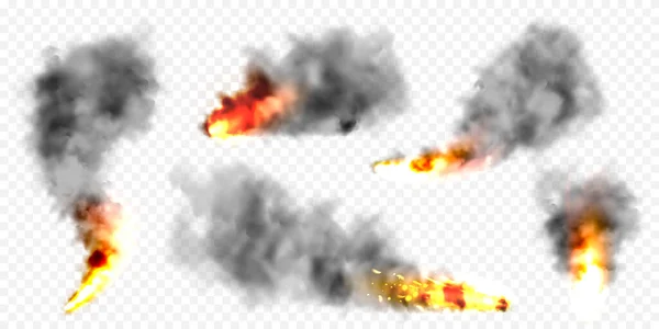 Nubes de humo negro realistas y fuego. Explosión de llama, explosión. Corriente de humo de objetos en llamas. Incendios. Efecto niebla transparente. Elemento de diseño vectorial. — Archivo Imágenes Vectoriales