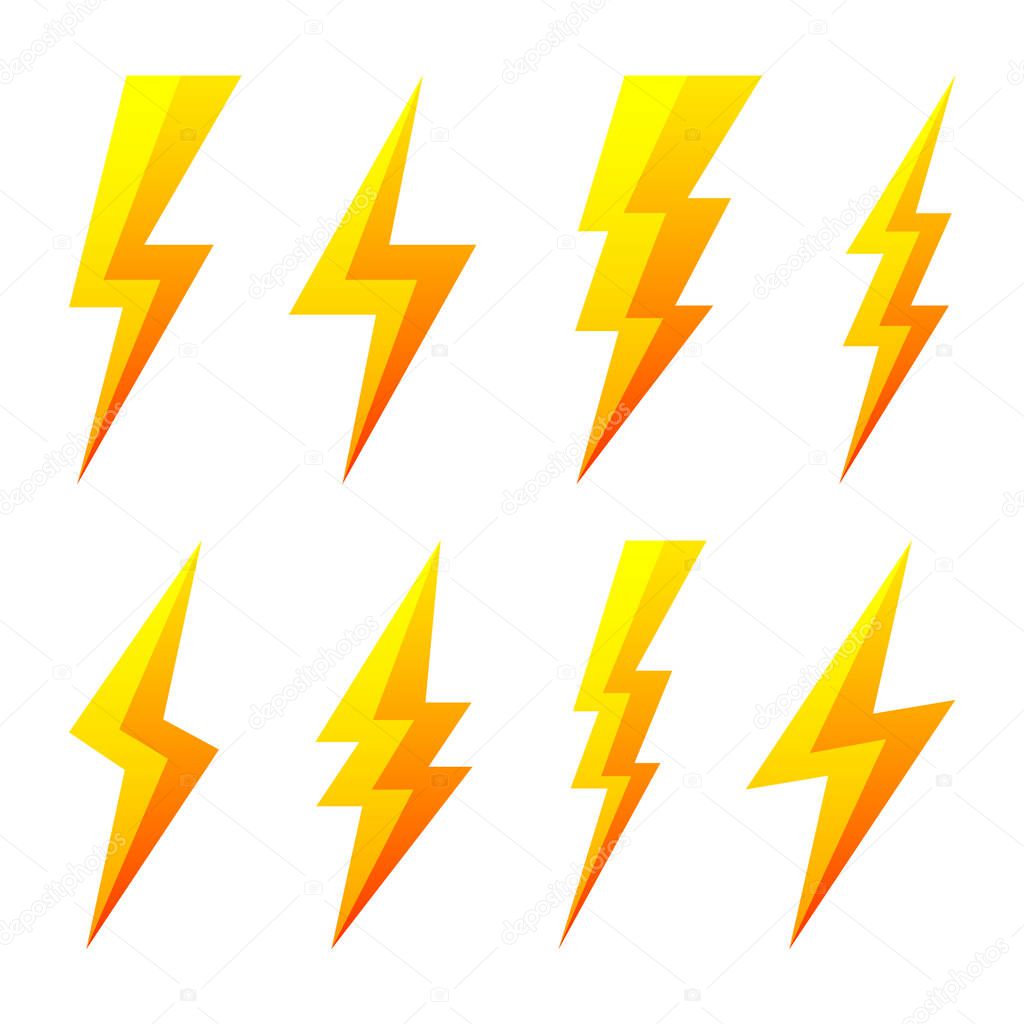 Yellow lightning bolt icons isolated on white background. Flash symbol, thunderbolt. Simple lightning strike sign. Vector illustration.