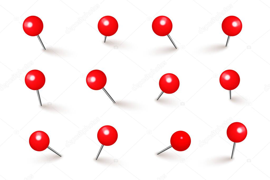 Realistic red push pins. Board tacks isolated on white background. Plastic pushpin with needle. Vector illustration.