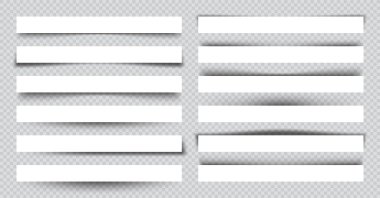 Gölgeli beyaz kağıt kırıntıları. İşaretli arkaplanda sayfa ayırıcıları. Gerçekçi şeffaf gölge etkisi. Tasarım elementi. Vektör illüstrasyonu.