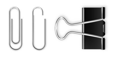 Gerçekçi siyah kağıt klasörü ve metal ataç, tutucu. Tasarım modeli. Vektör illüstrasyonu.