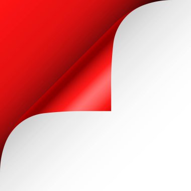 Kırmızı kağıt kıvrılır. Gölgeli kıvrımlı sayfa köşesi. Boş bir kağıt parçası. Renkli parlak folyo. Reklam ve tanıtım için tasarım elemanı. Vektör illüstrasyonu.