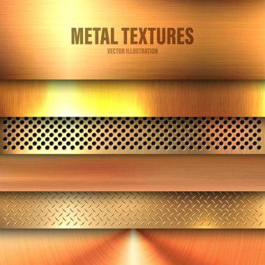 Gerçekçi fırçalanmış metal dokular seti. Parlatılmış paslanmaz çelik arka plan. Vektör illüstrasyonu.