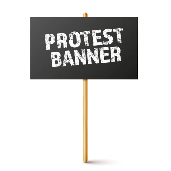 Cartel de protesta negro en blanco con soporte de madera. Banner realista de demostración de vectores. Huelga acción cartulina cartel maqueta. — Vector de stock