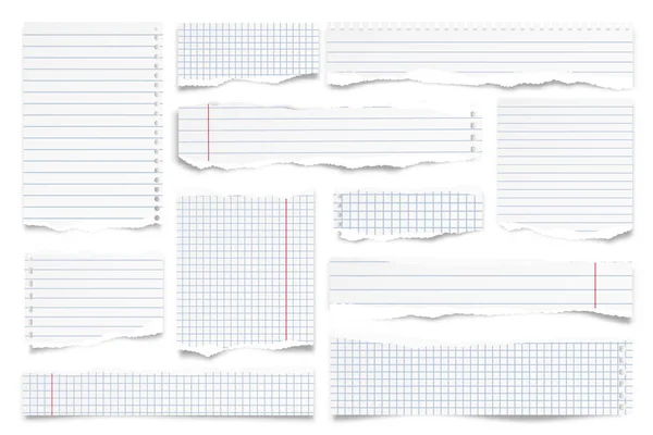 Κομμένες λωρίδες χαρτιού που απομονώνονται σε λευκό φόντο. Ρεαλιστικά φοδραρισμένα απορρίμματα χαρτιού με σκισμένες άκρες. Κολλημένες σημειώσεις, κομμάτια από σελίδες σημειωματάριου. Εικονογράφηση διανύσματος. — Διανυσματικό Αρχείο