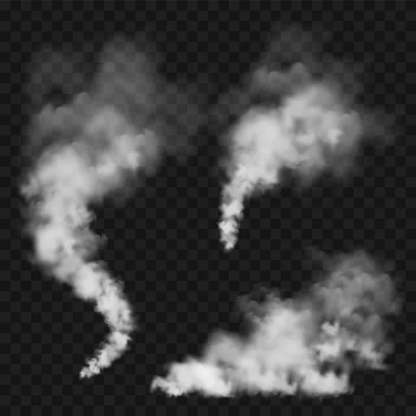 Realistické oblaka kouře. Proud kouře z hořících předmětů. Průhledný efekt mlhy. Bílá pára, mlha. Prvek návrhu vektoru. — Stockový vektor