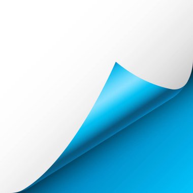 Mavi kağıt kıvrımlı. Gölgeli kıvrımlı sayfa köşesi. Boş bir kağıt parçası. Renkli parlak folyo. Reklam ve tanıtım için tasarım elemanı. Vektör illüstrasyonu.