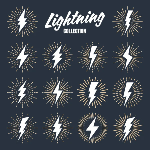 Set of vintage lightning bolts and sunrays. Lightnings with sunburst effect. Thunderbolt, electric shock sign. Vector illustration. — Stock Vector