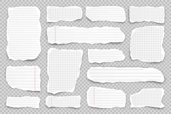 透明な背景に紙のストリップをリッピング.端が引き裂かれた現実的な砕いた紙屑。ノートブックページの行のshds 。ベクターイラスト. — ストックベクタ