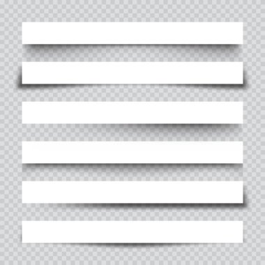 Gölgeli beyaz kağıt kırıntıları. İşaretli arkaplanda sayfa ayırıcıları. Gerçekçi şeffaf gölge etkisi. Tasarım elementi. Vektör illüstrasyonu.